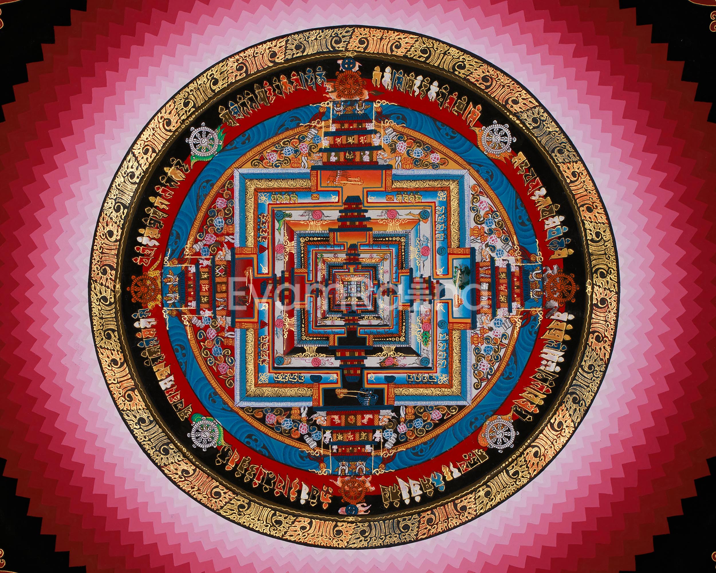 Kalachakra Mandala Thangka With Warm Halo Around | Tibetan Wall Hanging