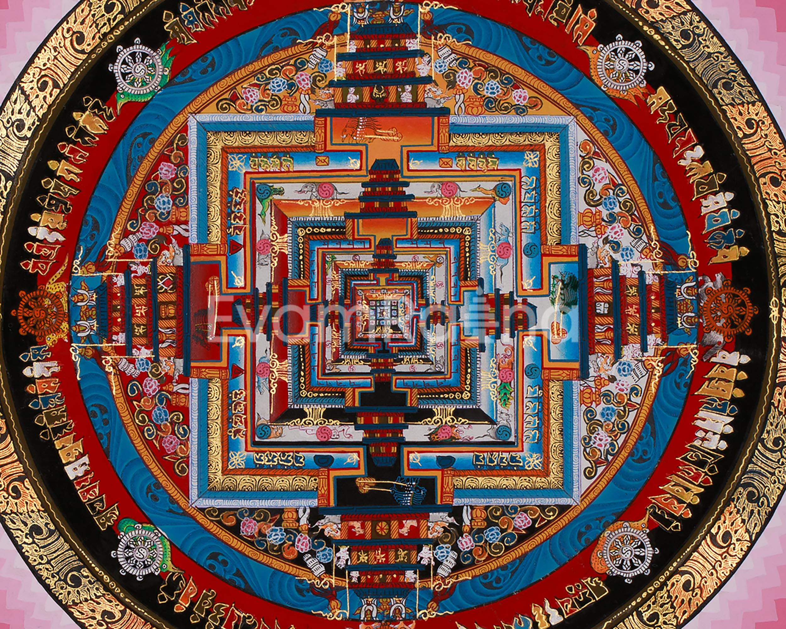 Kalachakra Mandala Thangka With Warm Halo Around | Tibetan Wall Hanging