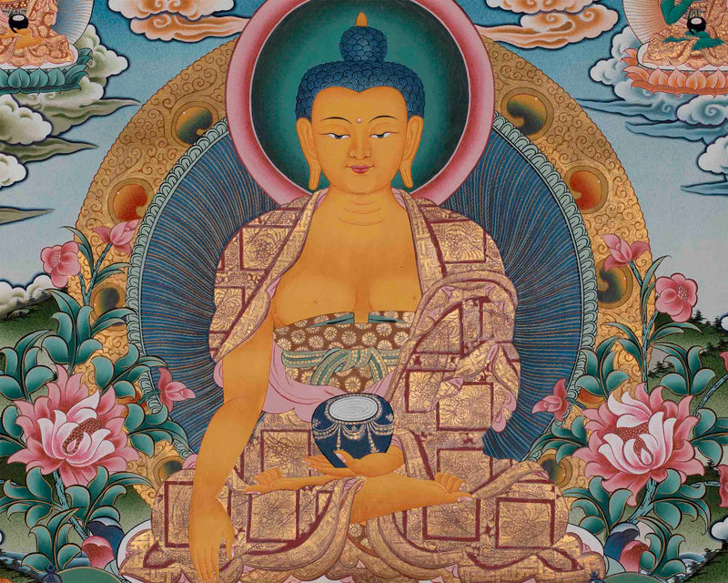 Divine Enlightenment: Shakyamuni Buddha, Five Buddhas, and Disciples Thangka