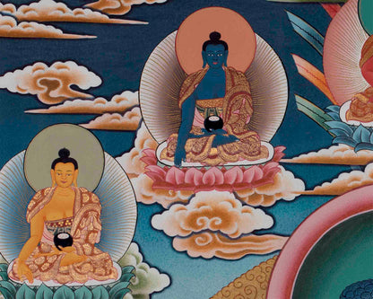 Divine Enlightenment: Shakyamuni Buddha, Five Buddhas, and Disciples Thangka