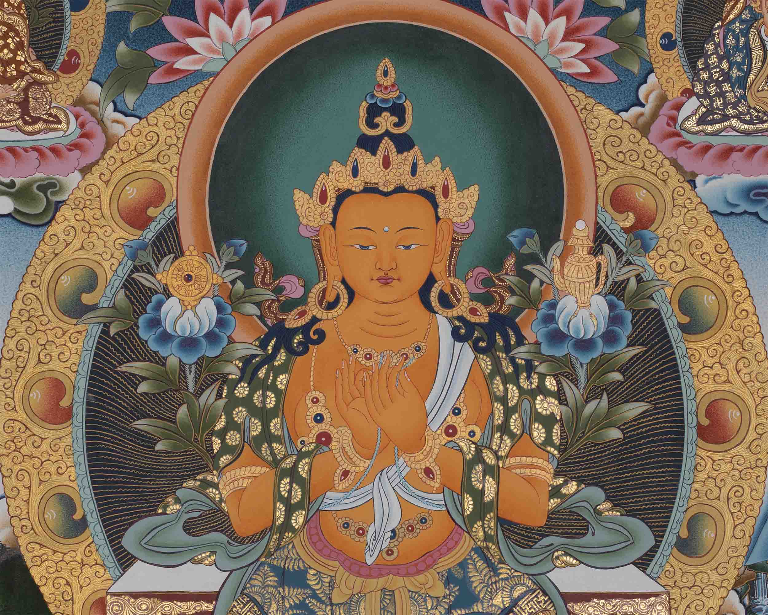 Maitreya Buddha Thangka Featuring Tsongkhapa, Guru Rinpoche, Green Tara & White Tara