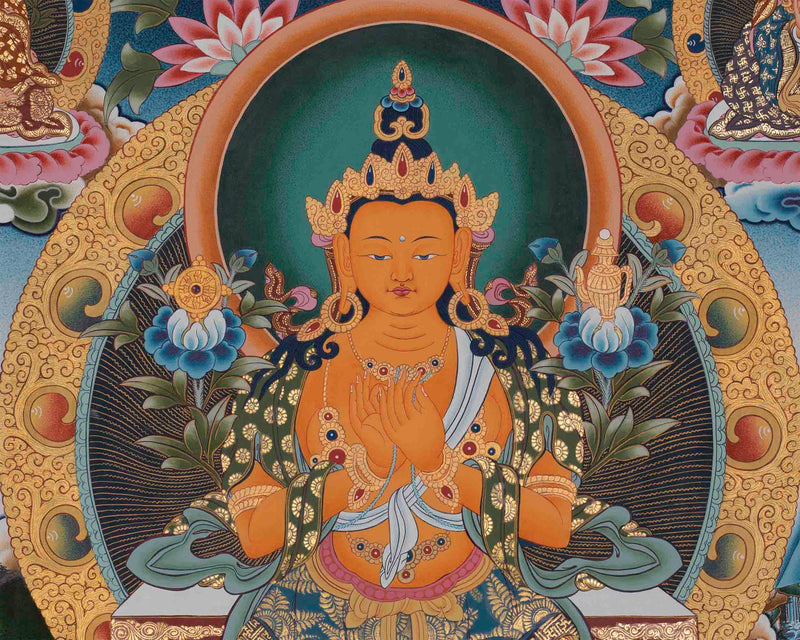 Maitreya Buddha Thangka Featuring Tsongkhapa, Guru Rinpoche, Green Tara & White Tara