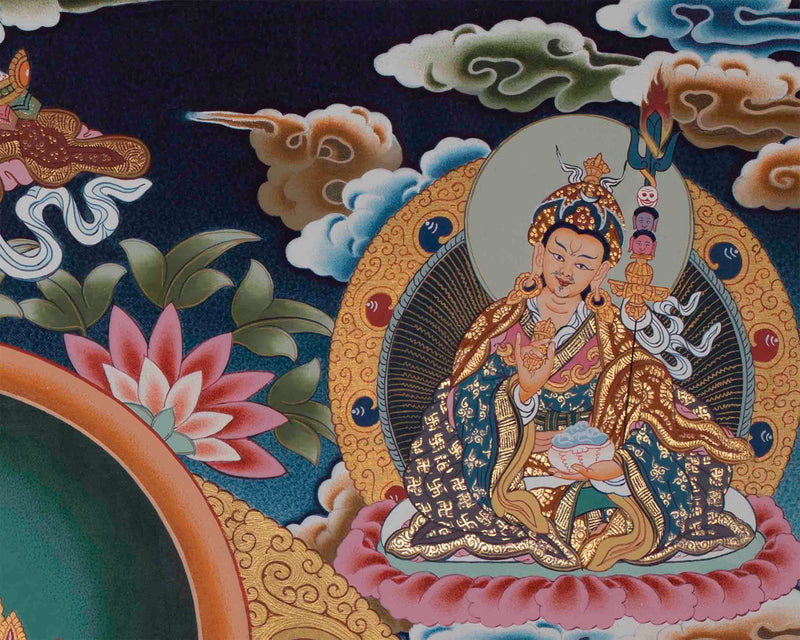 Maitreya Buddha Thangka Featuring Tsongkhapa, Guru Rinpoche, Green Tara & White Tara