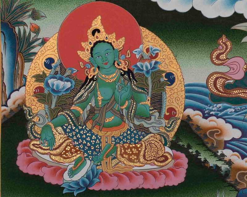 Maitreya Buddha Thangka Featuring Tsongkhapa, Guru Rinpoche, Green Tara & White Tara