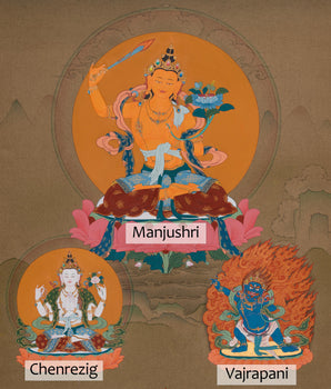 The Three Enlightened Bodhisattvas | Manjushri, Avalokiteshvara & Vajrapani