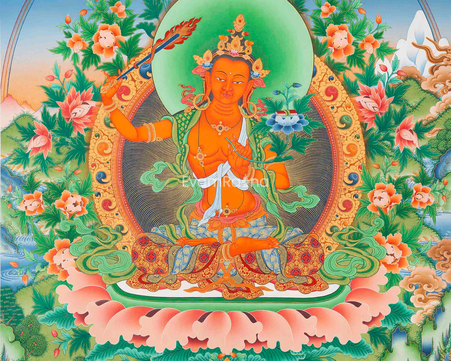 Manjushri The Bodhisattva Of Wisdom Paubha Print | Spiritual Fine Art Print For Room Decoration