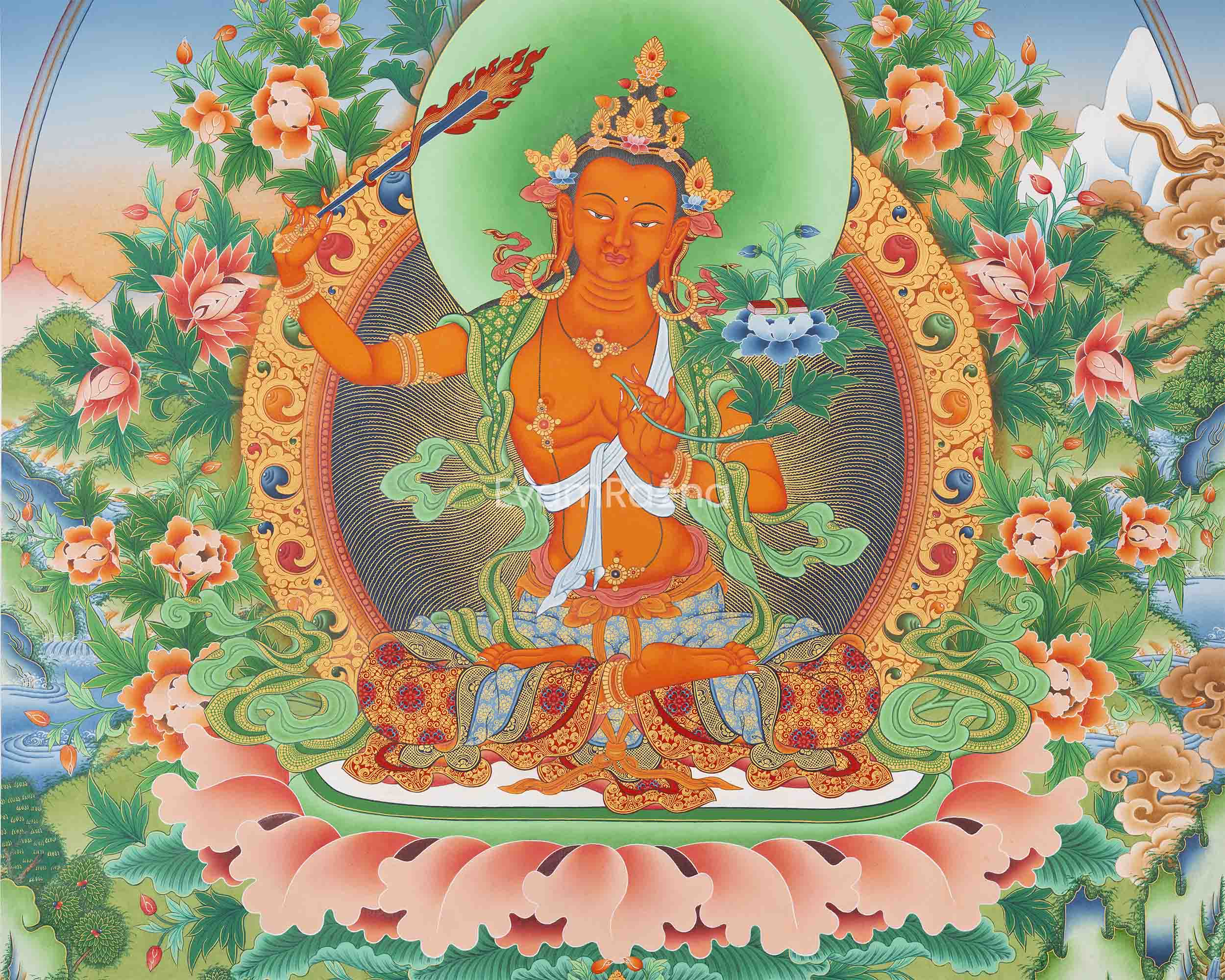 Manjushri The Bodhisattva Of Wisdom Paubha Print | Spiritual Fine Art Print For Room Decoration