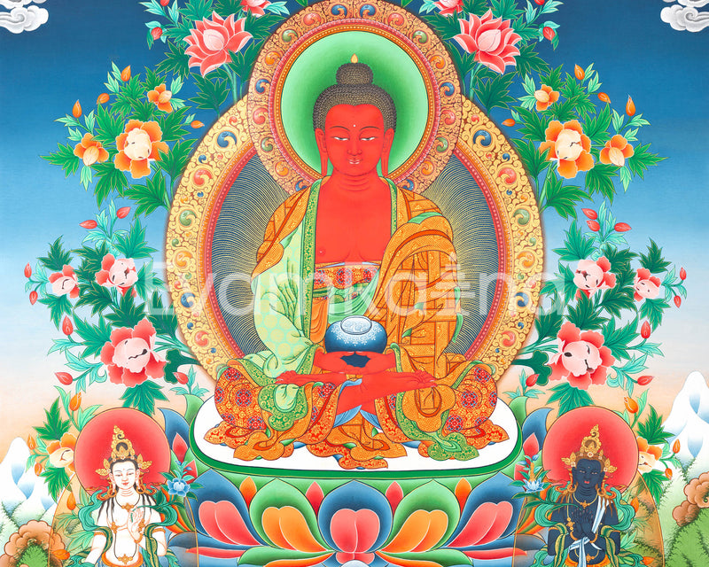 Amitabha Buddha Followed By Other Bodhisattvas | Tibetan Buddhist Thangka Art |