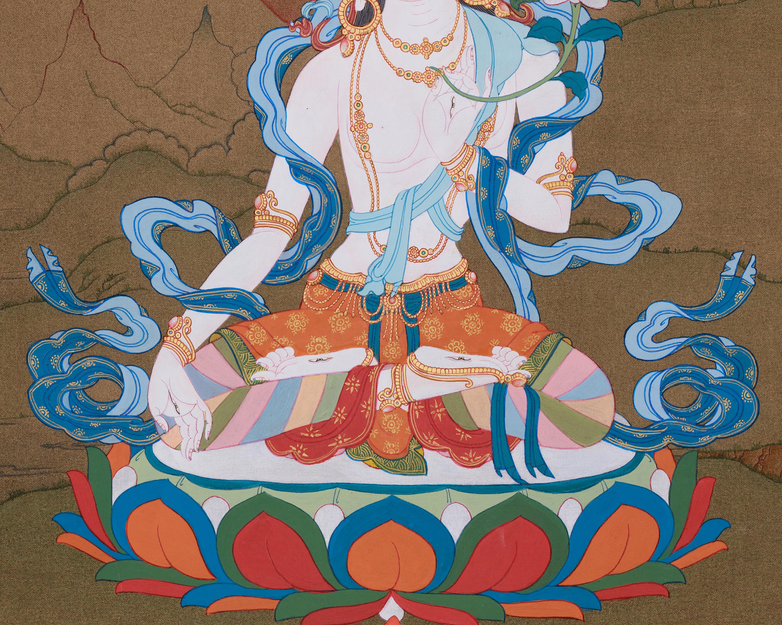 Traditional White Tara, Healing Goddess | Female Bodhisattva | 24K Gold, Acrylic Colors