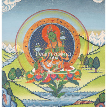 Traditional Green Tara Thangka | Original Hand-Painted Healing Female Deity | Healing Tara Painting |Wall Hanging Yoga Meditation Canvas Art