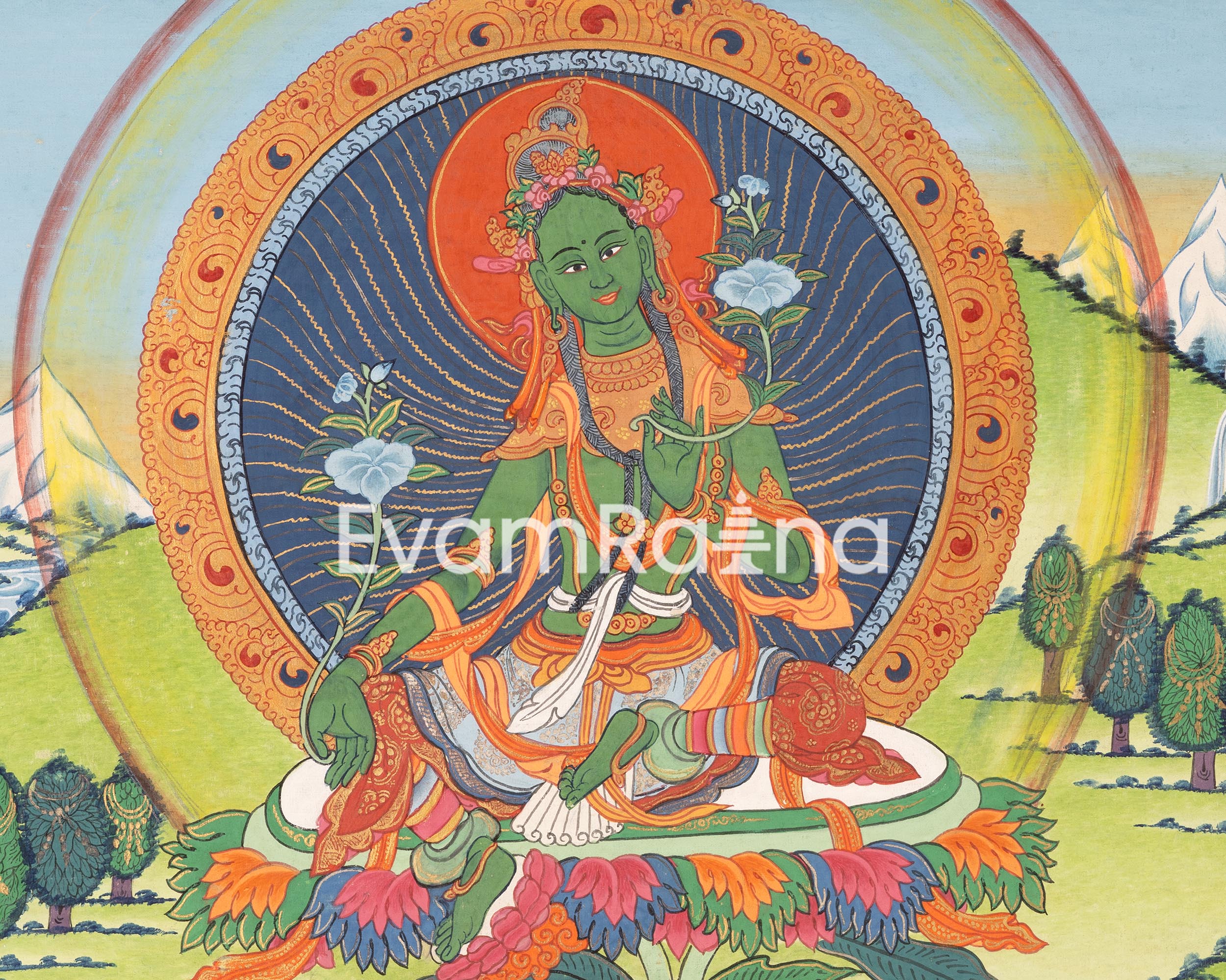 Traditional Green Tara Thangka | Original Hand-Painted Healing Female Deity | Healing Tara Painting |Wall Hanging Yoga Meditation Canvas Art