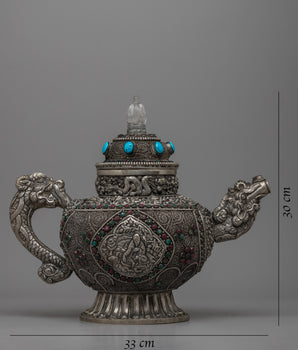 Silver Plated Tibetan Ritual Kettle | Traditional Buddhist Ceremony TeaPot | Offered in Set or Single