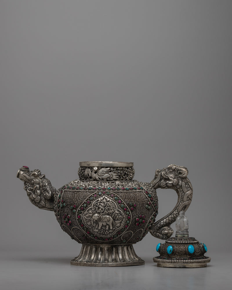 Silver Plated Tibetan Ritual Kettle | Traditional Buddhist Ceremony TeaPot | Offered in Set or Single