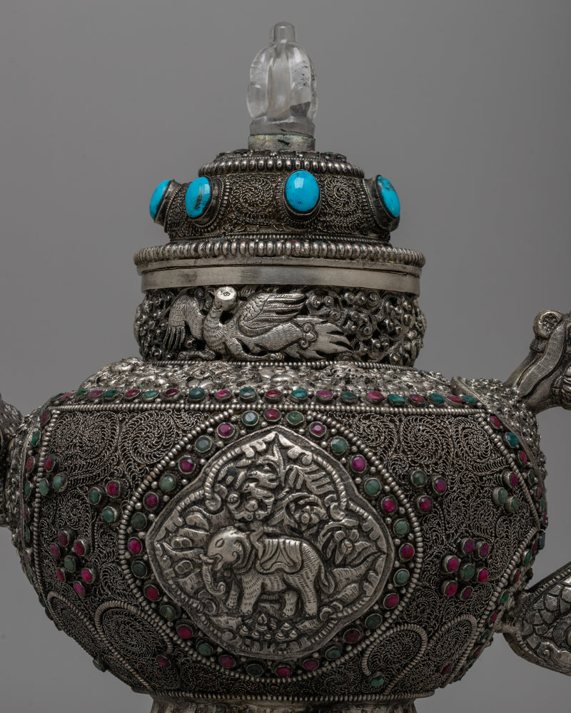 Silver Plated Tibetan Ritual Kettle | Traditional Buddhist Ceremony TeaPot | Offered in Set or Single