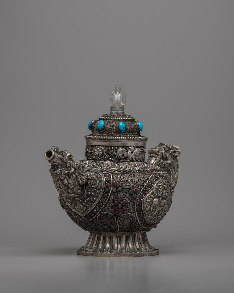 Silver Plated Tibetan Ritual Kettle | Traditional Buddhist Ceremony TeaPot | Offered in Set or Single