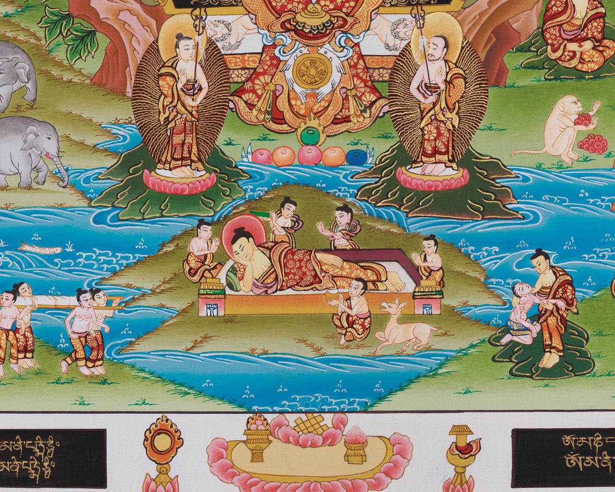 Horizontal Buddha Life Story Thangka | A Sacred Thangka of Awakening