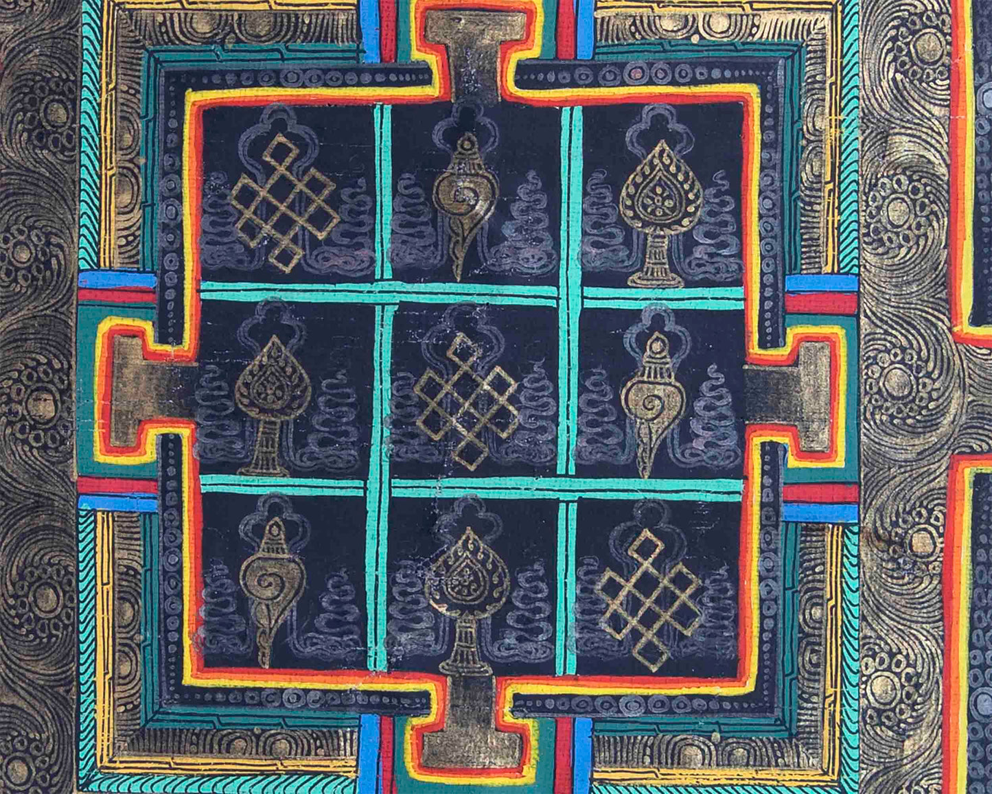 Vintage 8 Auspicious Mandala Thangka With Exquisite Brocade | Tibetan Wall Hanging