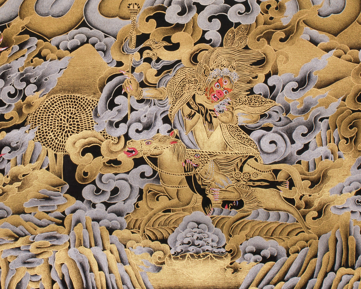 The Wrath of Mahakala | Pure Silver & Gold Embellished Thangka of the Dharma Protector