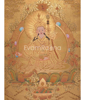 Guru Rinpoche In Full Gold Thangka Painting | Padmasambhava Thangka | Traditional Buddhist Handmade Thanka | Yoga Meditation Wall Hanging