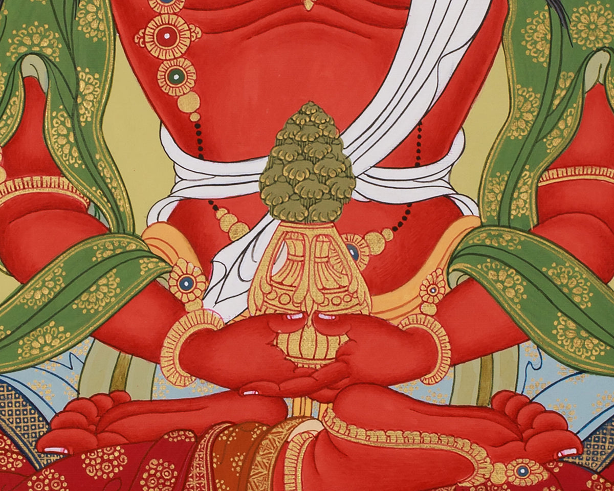 24-Inch Amitayus Buddha Thangka | Hand-Painted Red Buddha on Cotton Canvas
