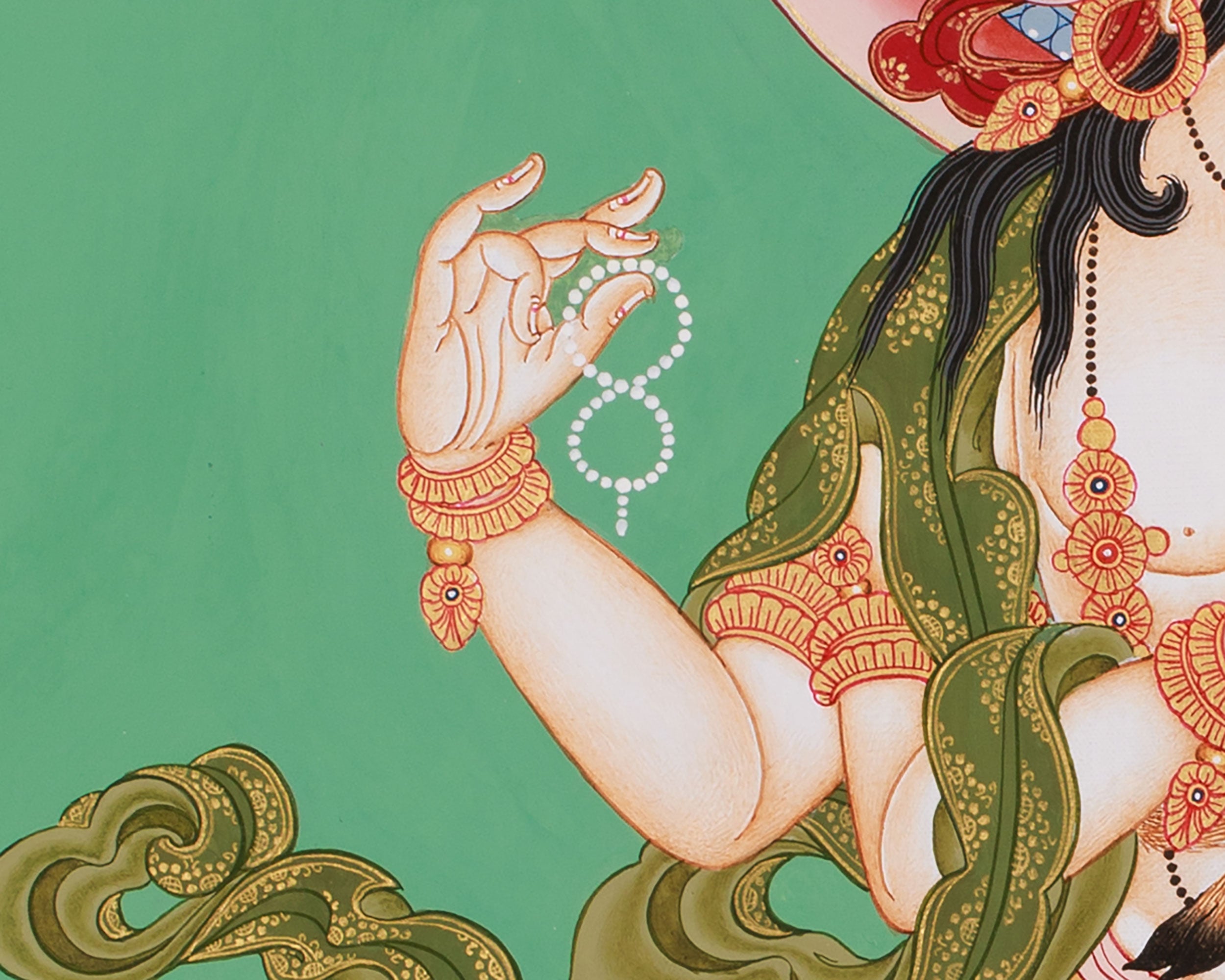 Hand-Painted Four-Armed Chenrezig | Bodhisattva of Compassion on Green Canvas