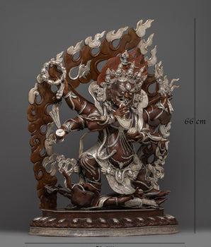 Large Six Armed Mahakala Statue | Handmade Oxidized Copper and Silver Plated Figure of Buddhist Protector