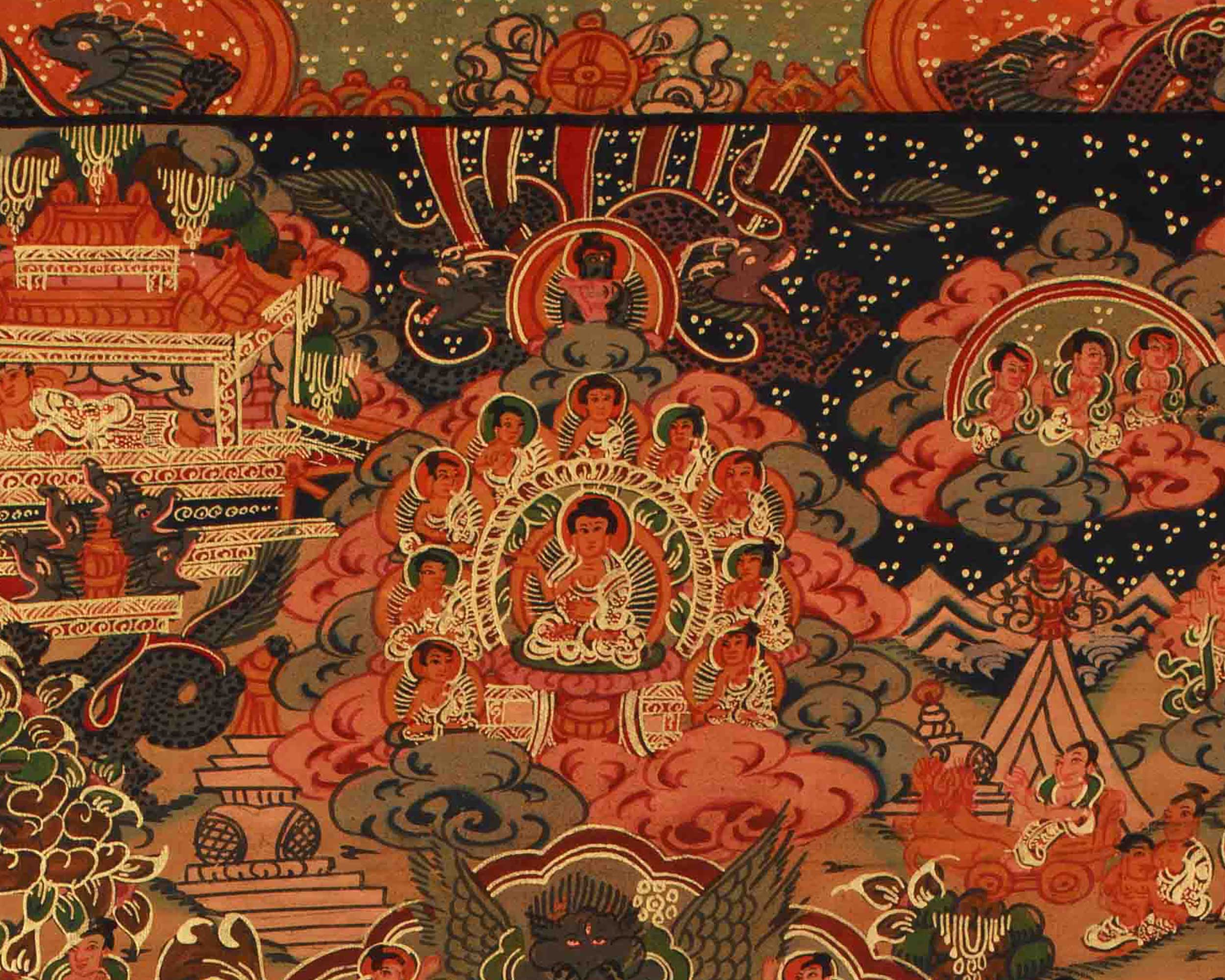 Sacred Buddha Life Story Art | Birth, Enlightenment, and Teaching of Dharma Thangka