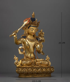 Manjushri Gold Gilded 35cm Statue | Handcrafted Artwork of Wisdom