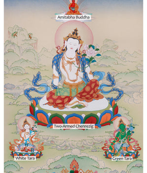 Sacred Chenrezig with White Tara and Green Tara | A Trio of Enlightened Blessings