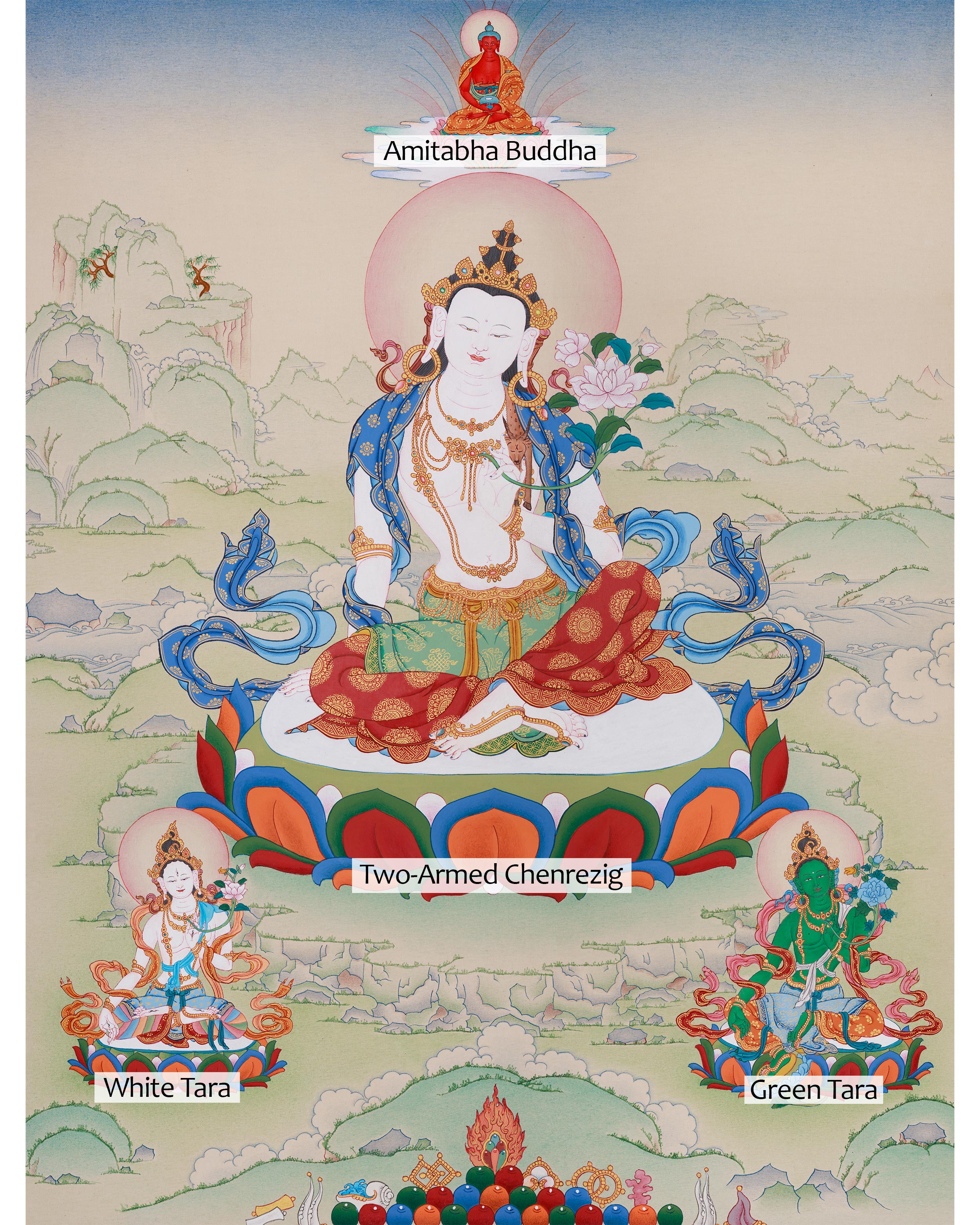 Sacred Chenrezig with White Tara and Green Tara | A Trio of Enlightened Blessings
