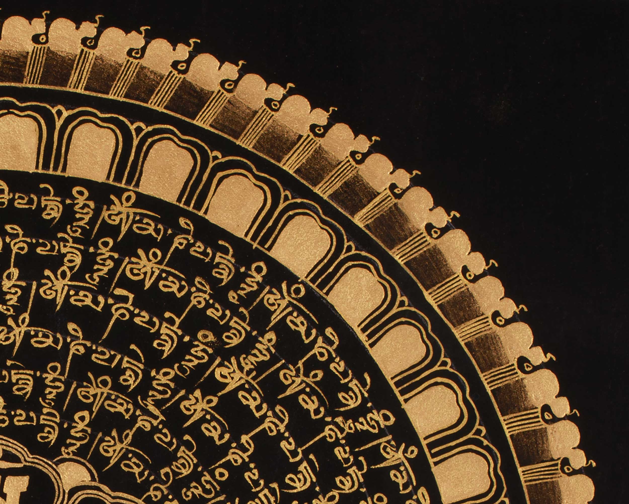 Buddhist Gold and Black Mantra Mandala | Tibetan Meditation and Devotional Painting