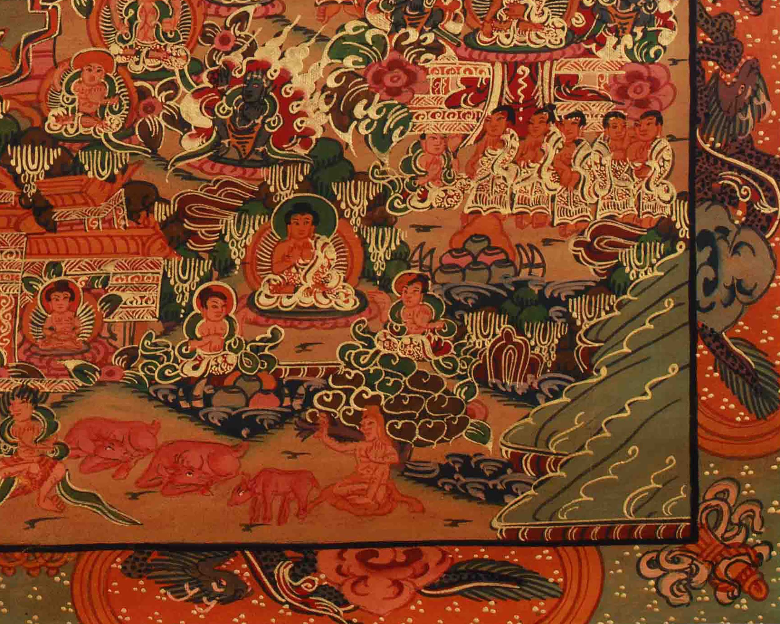 Sacred Buddha Life Story Art | Birth, Enlightenment, and Teaching of Dharma Thangka