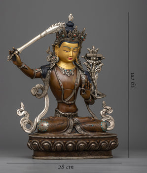 Manjushree Oxidized Statue | 24K Gold Painted Sculpture