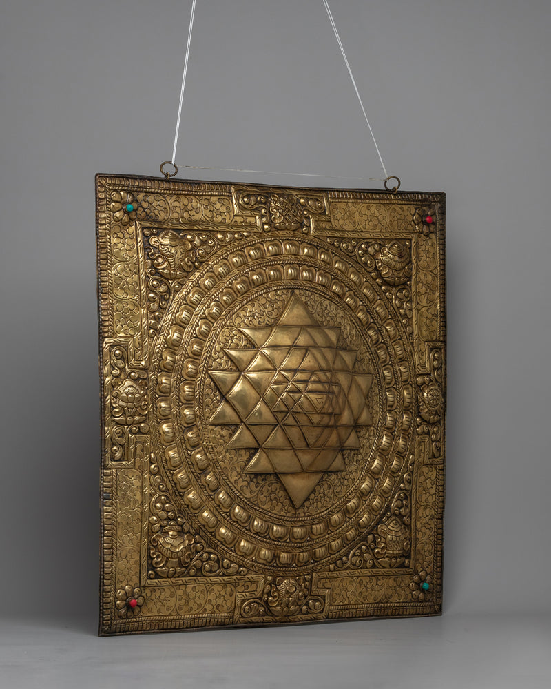 Shree Yantra Wall Hanging Brass Thanka | Traditional Thangka Art