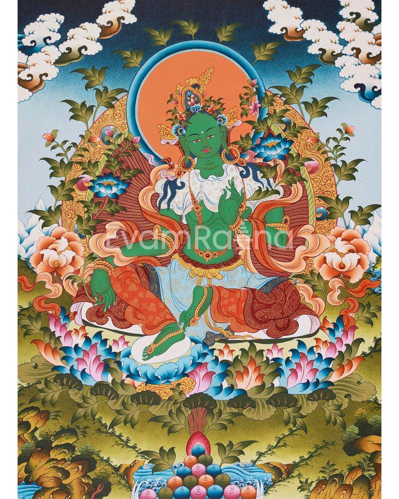 Religious Green Tara Thangka Painting | Mother of Liberation and Compassion