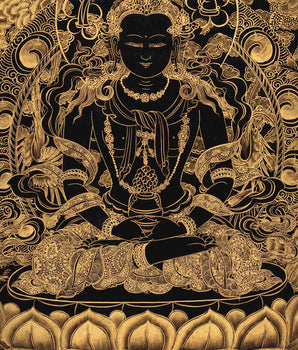 Hand-Painted Black and Gold Amitayus Buddha Thanka | Aparamita Thangka Painting