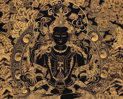 Hand-Painted Black and Gold Amitayus Buddha Thanka | Aparamita Thangka Painting