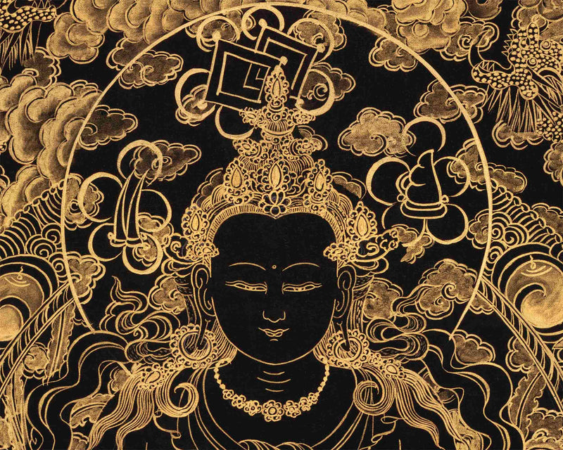 Hand-Painted Black and Gold Amitayus Buddha Thanka | Aparamita Thangka Painting