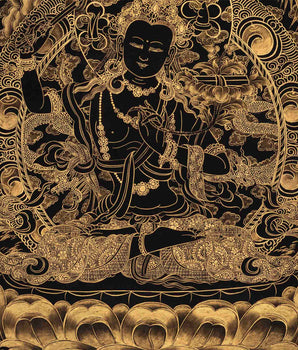 Hand-Painted Black and Gold Manjushri Thangka | Bodhisattva Of Wisdom