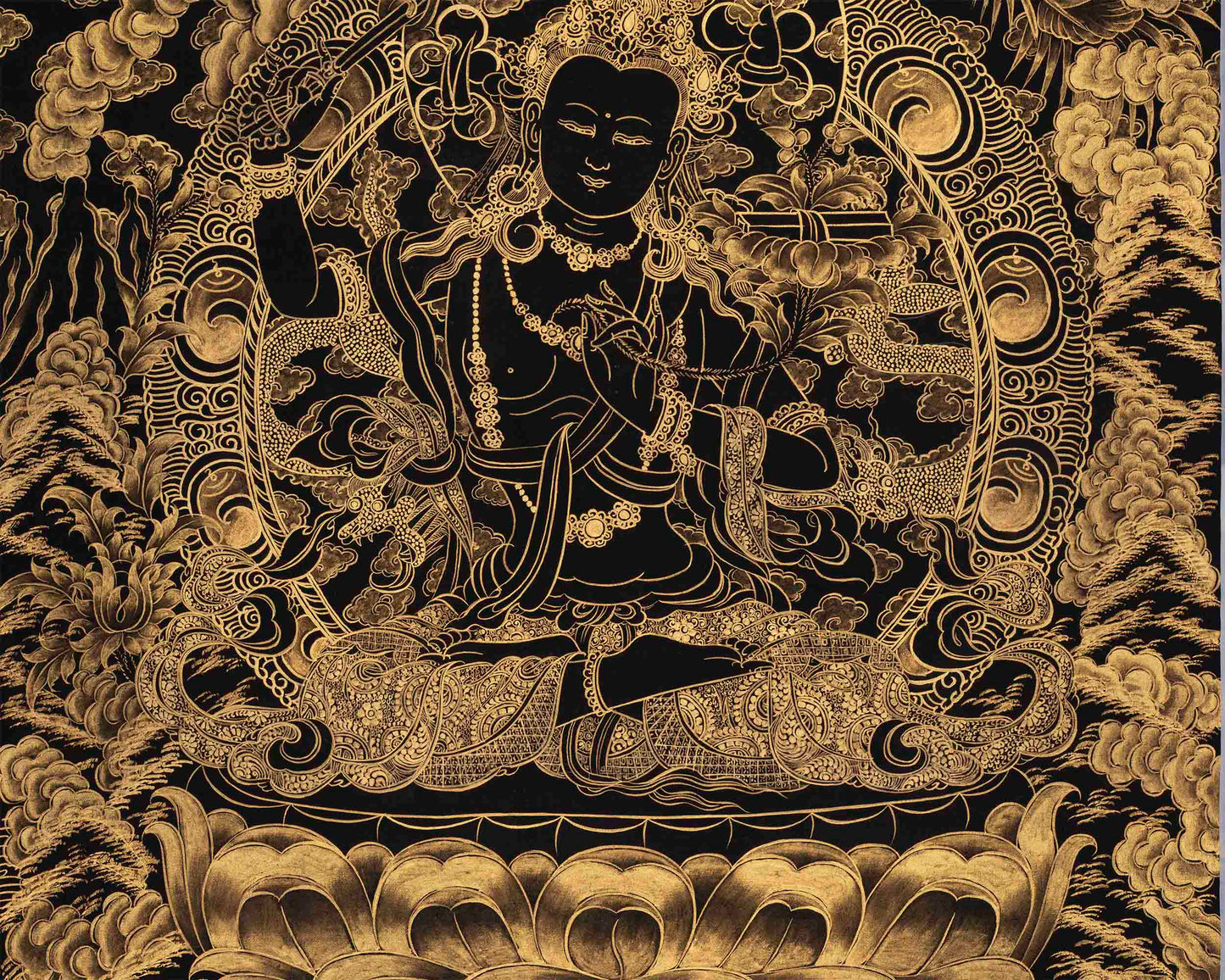 Hand-Painted Black and Gold Manjushri Thangka | Bodhisattva Of Wisdom