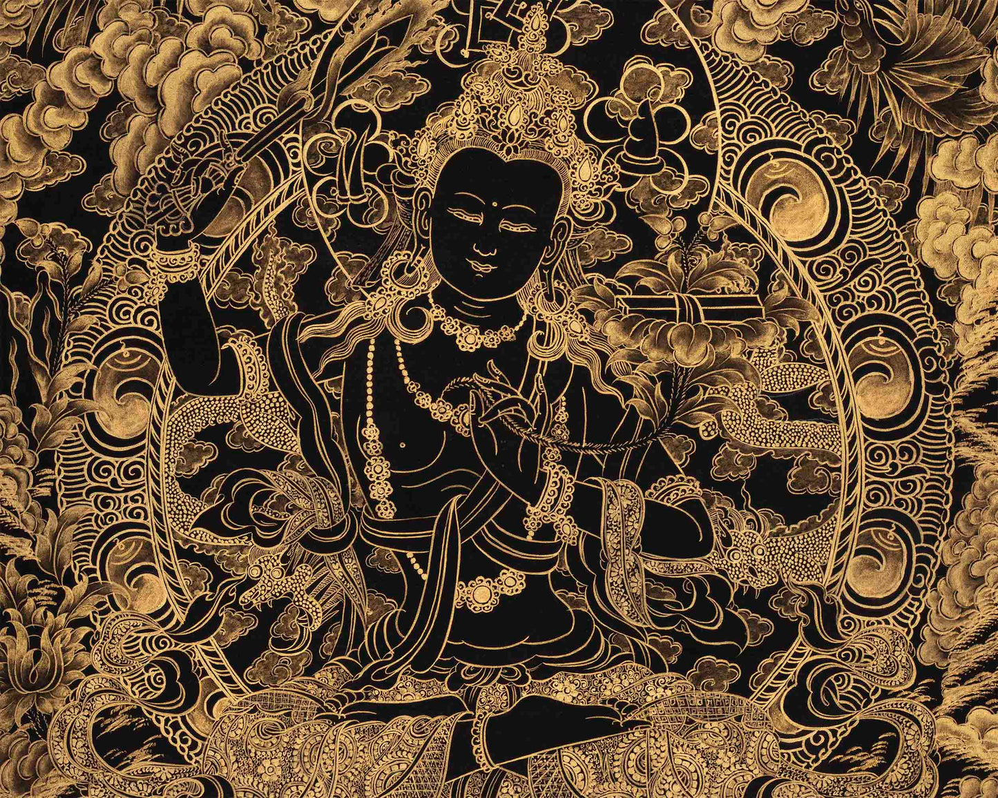 Hand-Painted Black and Gold Manjushri Thangka | Bodhisattva Of Wisdom