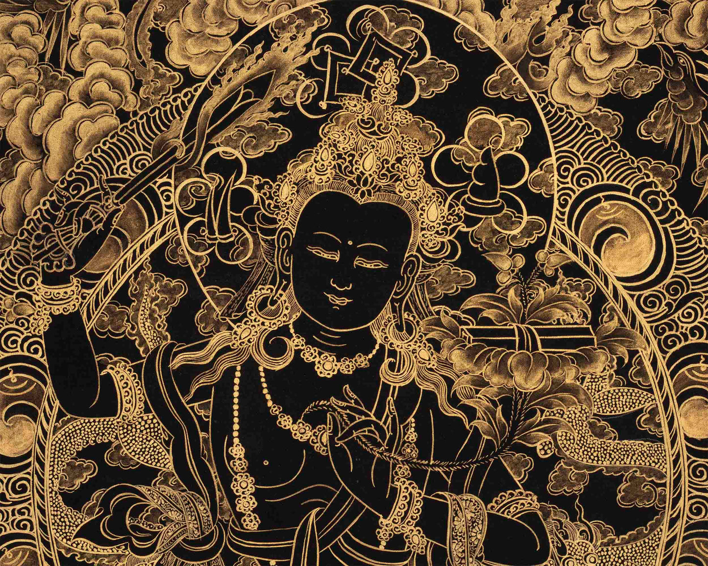 Hand-Painted Black and Gold Manjushri Thangka | Bodhisattva Of Wisdom