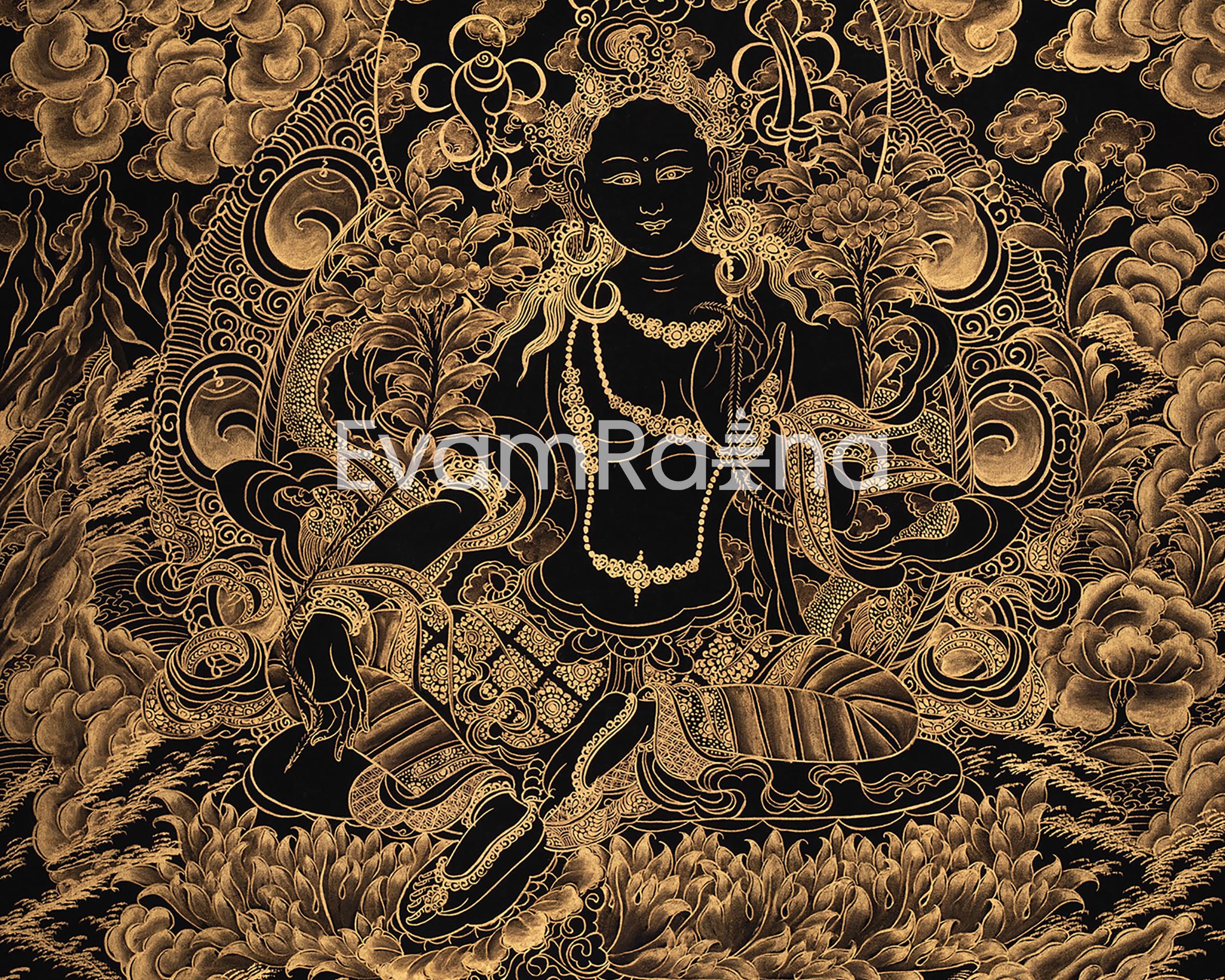 Gold Green Tara Thangka | Tibetan Art of Compassion and Protection