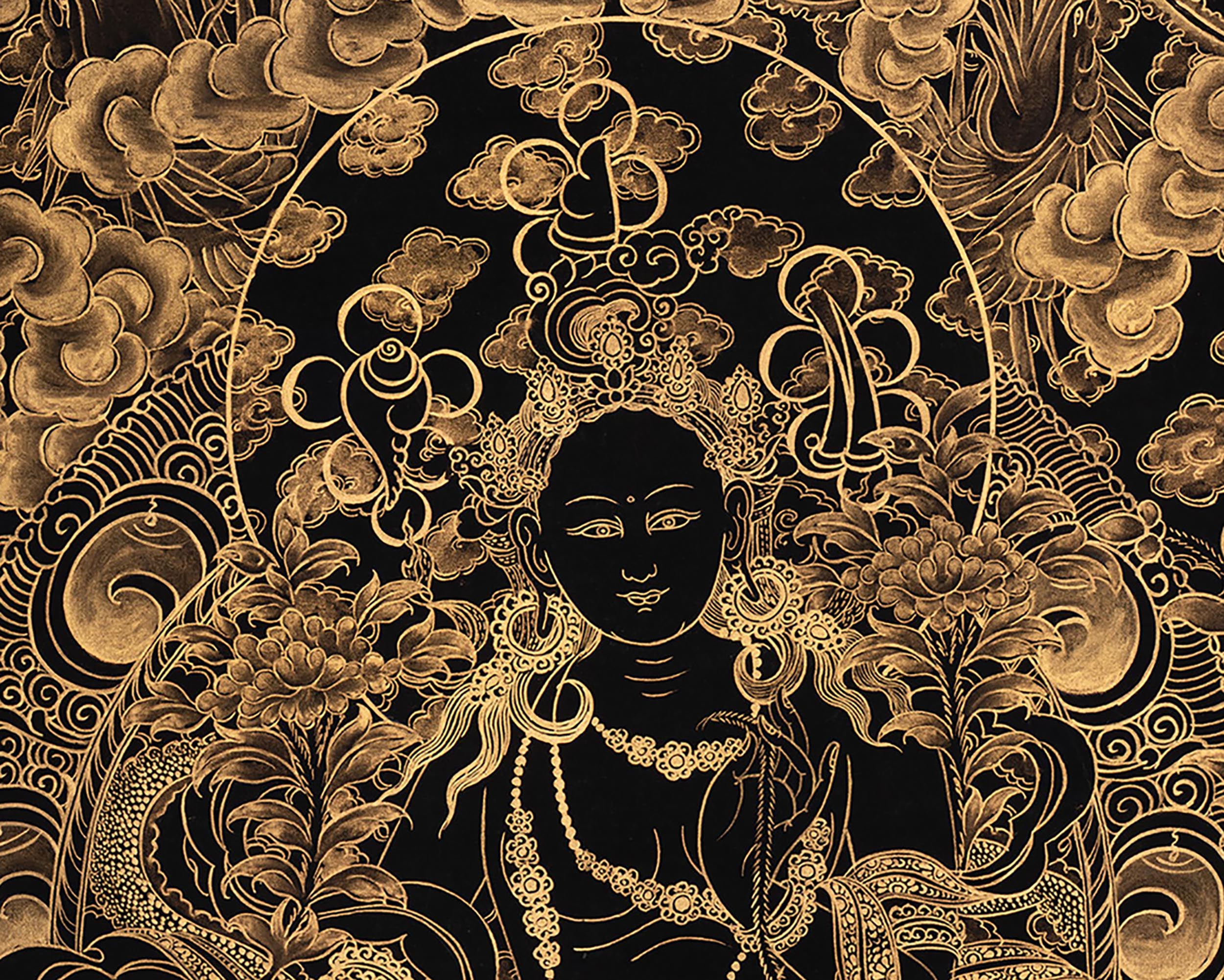Gold Green Tara Thangka | Tibetan Art of Compassion and Protection
