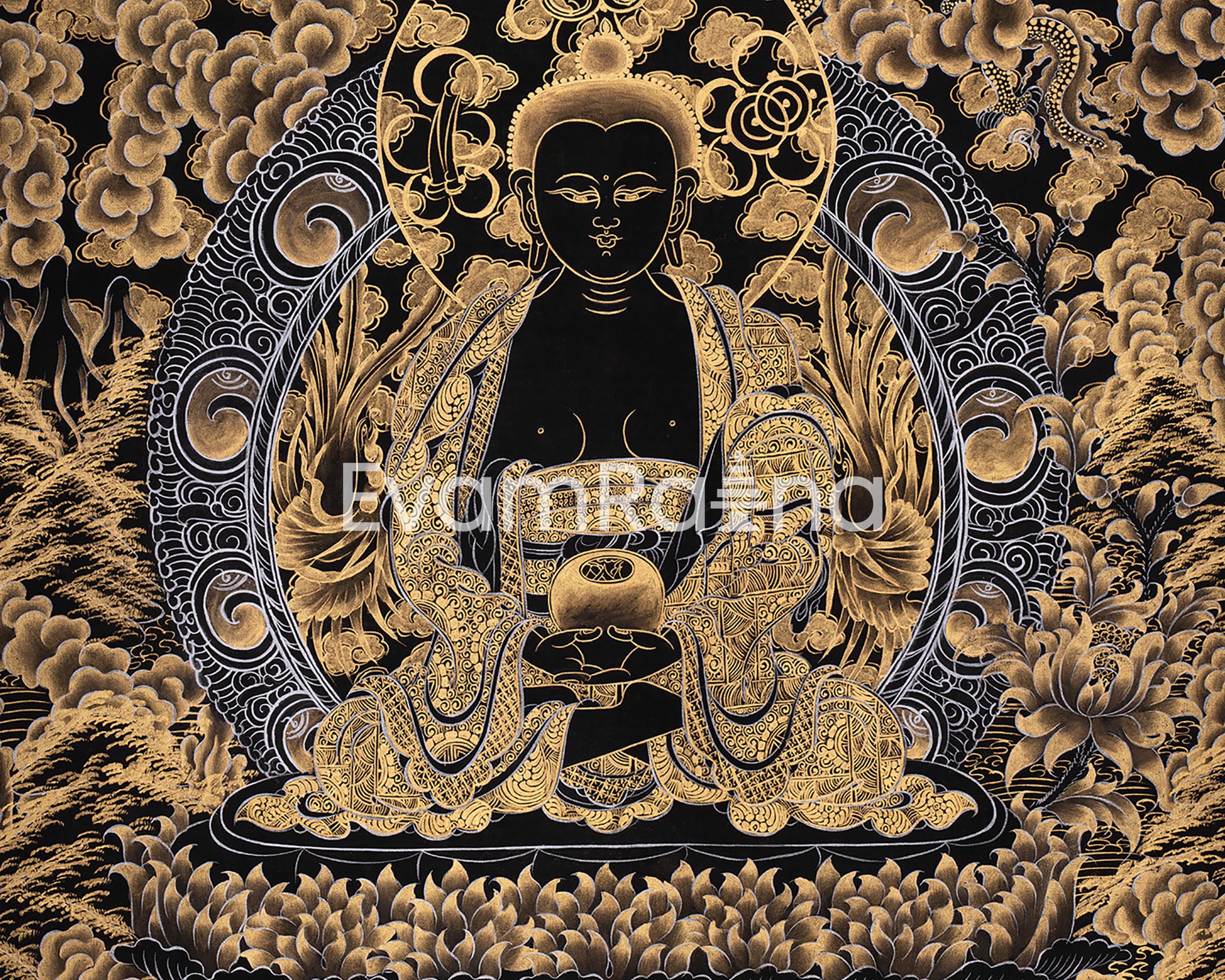 Gold Amitabha Buddha Thangka | Tibetan Art of Infinite Light & Compassion