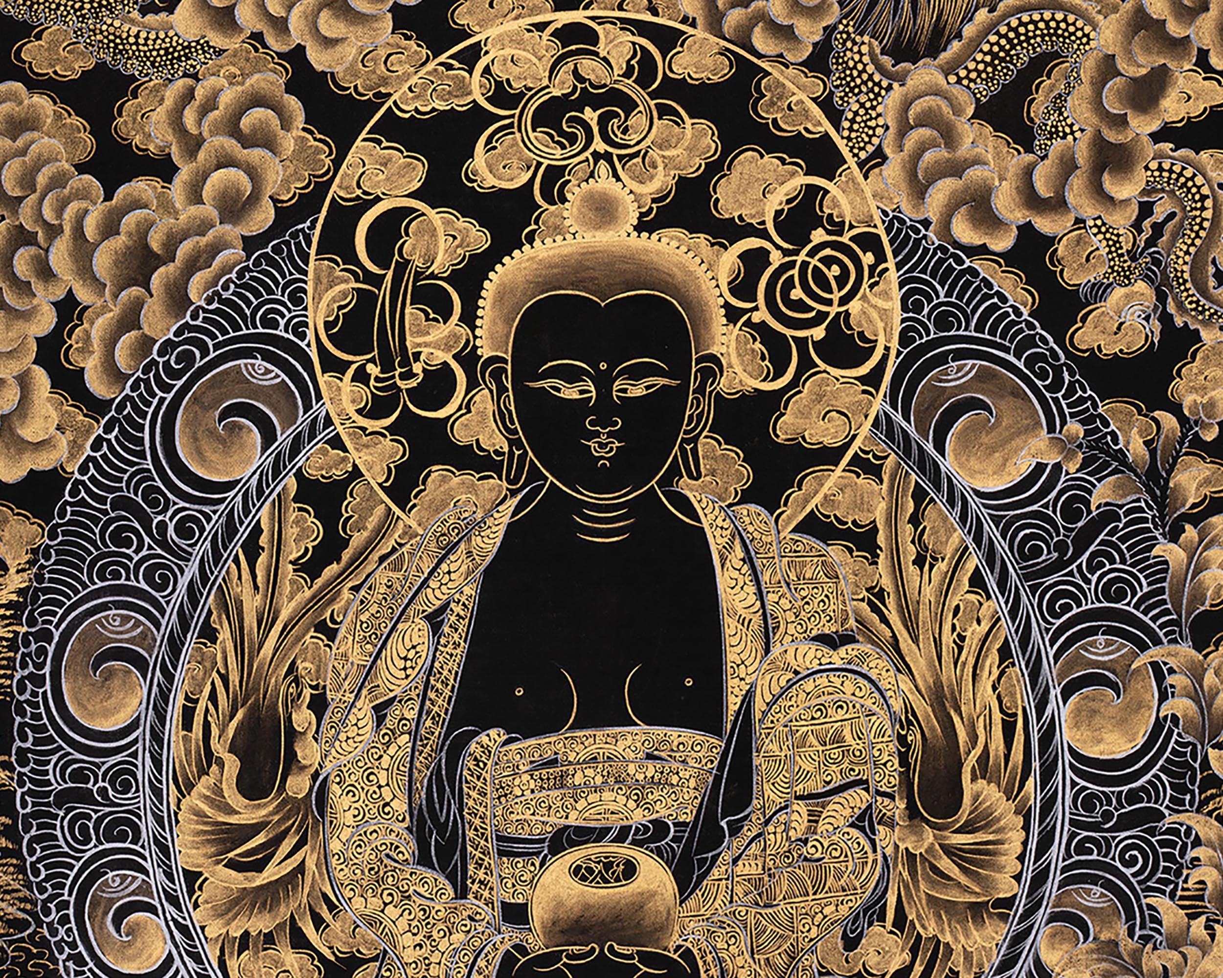 Gold Amitabha Buddha Thangka | Tibetan Art of Infinite Light & Compassion