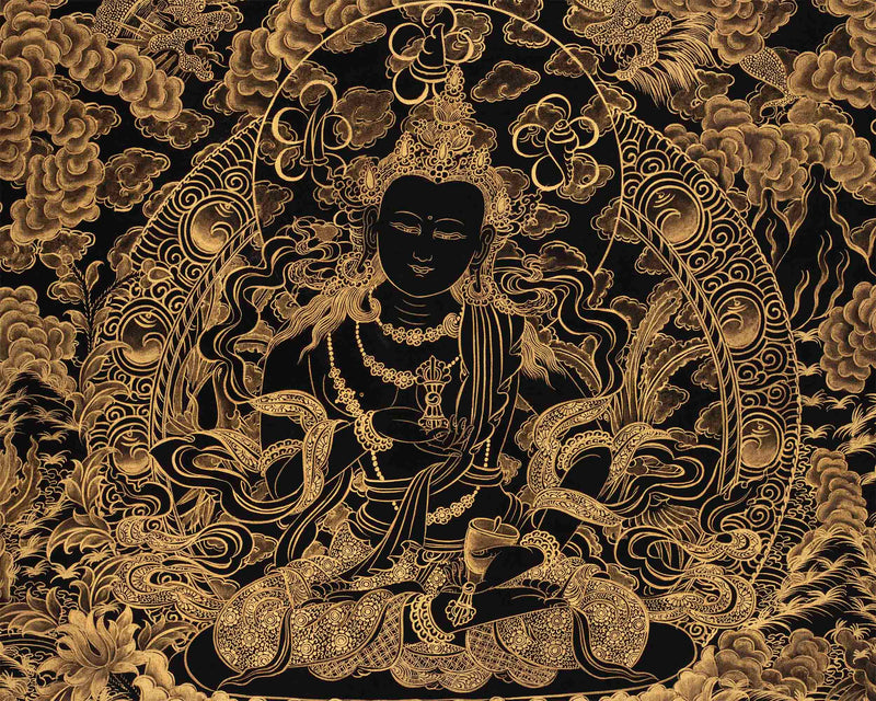Vajrasattva With Black and Gold Details | Tibetan Dorje Sempa Thangka Painting