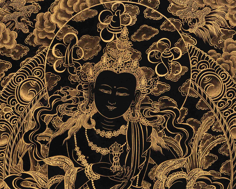 Vajrasattva With Black and Gold Details | Tibetan Dorje Sempa Thangka Painting