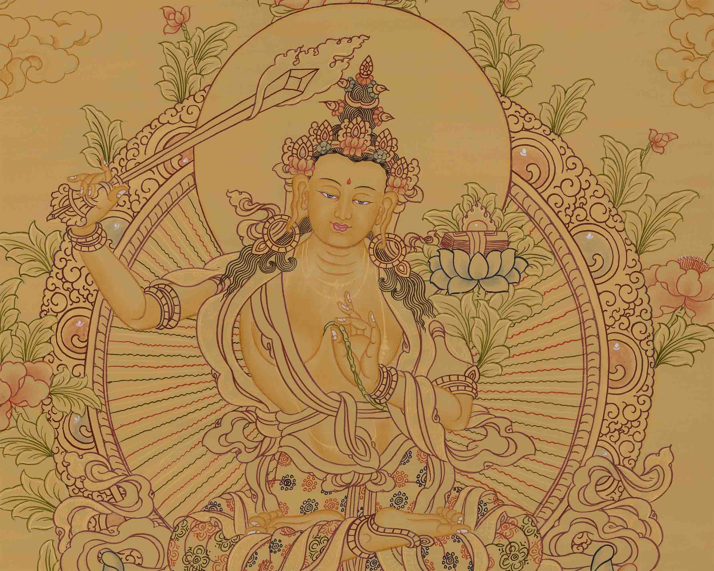 Beautifully Hand-Painted Manjushri Thangka | Traditional Artwork