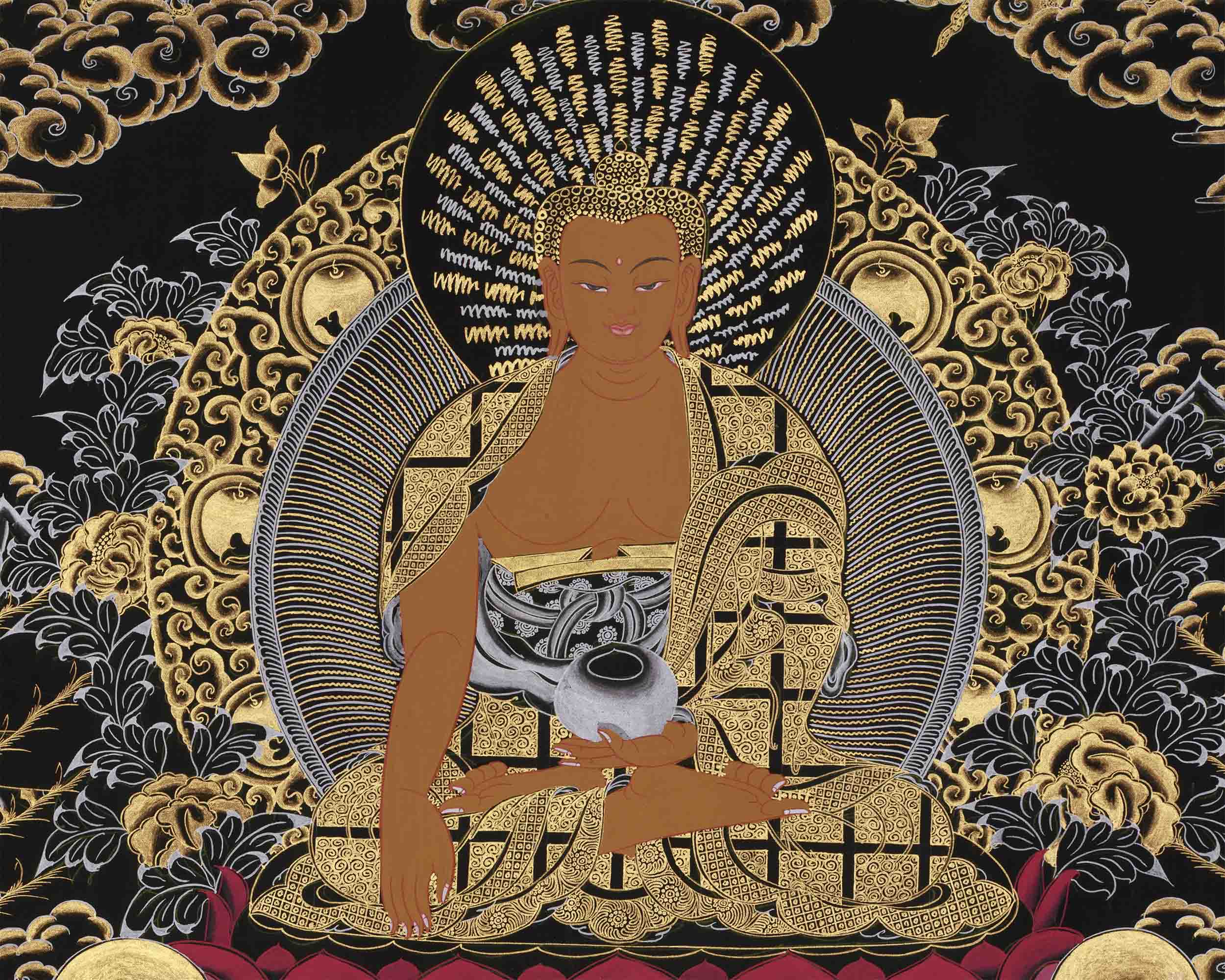 Shakyamuni Buddha Gold Silver Thangka | Perfect for your Meditation Room